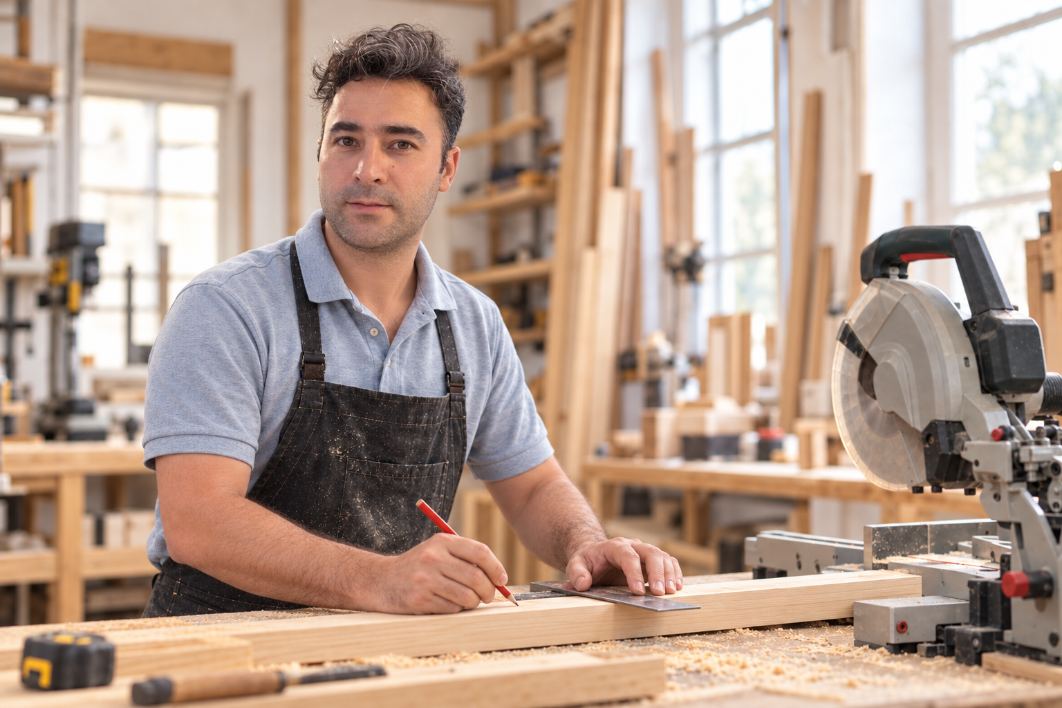 Hamed beim Anzeichnen eines Holzstücks mit Bleistift und Winkel in der Werkstatt